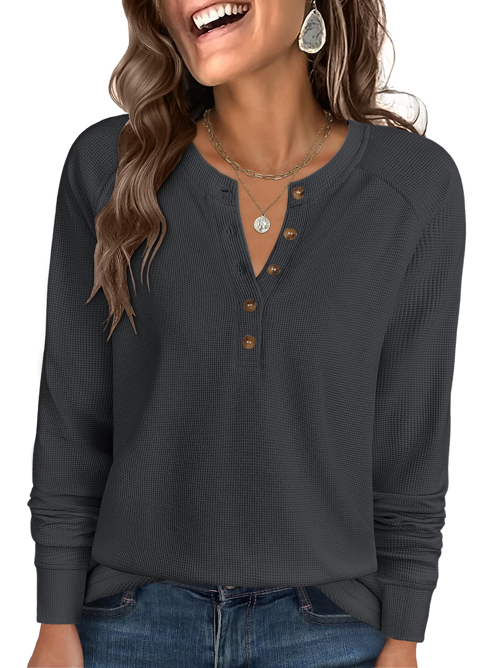 NEW！anuke Waffle Loose Henleytops tojil Amazon.com: ANRABESS Women's Waffle Knit Henley Top Long Sleeve